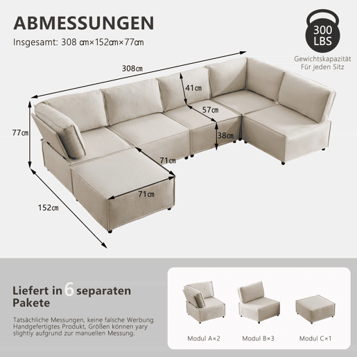 Sofá modular de 6 lugares - modular, flexível, fácil de montar, para qualquer tipo de casa - bege