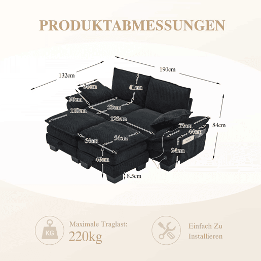 Sofá modular de 2 lugares - assento largo, design ergonómico, espuma de alta densidade, porta USB-C e bolsos laterais - preto