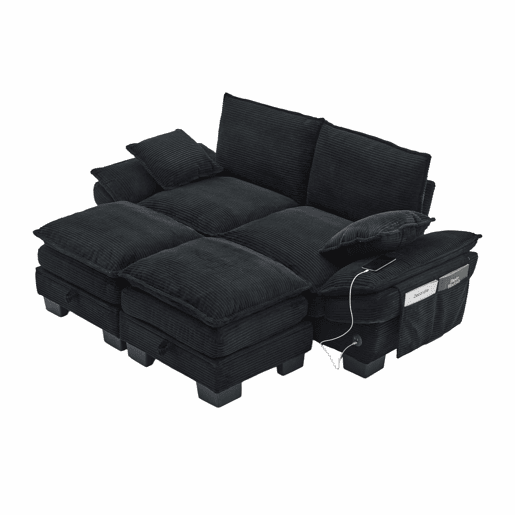 Sofá modular de 2 lugares - assento largo, design ergonómico, espuma de alta densidade, porta USB-C e bolsos laterais - preto