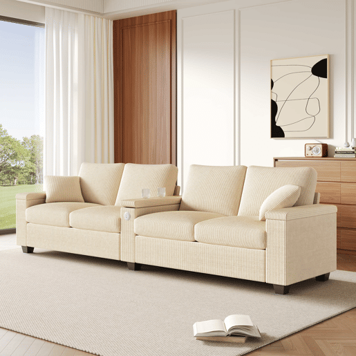 Sofá de 4 lugares - moderno, com USBUSB-C, braços rebatíveis, arrumação oculta - Bege