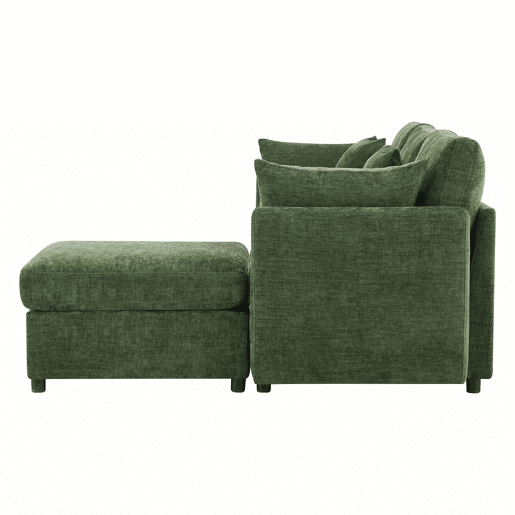 Sofá modular em L - conversível de 3 lugares, com pufe e 4 almofadas de chenille - verde