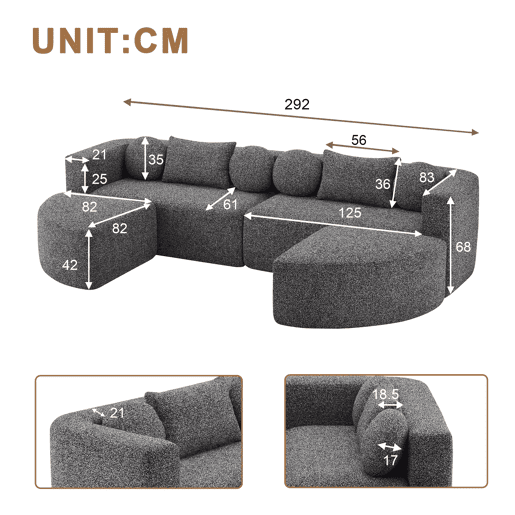 Sofá modular de 4 lugares 292 x 165 x 68 cm - sofá Nube, chenille, sem montagem, convertível - preto