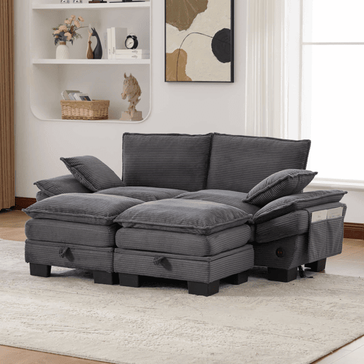 Sofá modular de 2 lugares - assento amplo, design ergonómico, espuma de alta densidade, porta USB-C e bolsos laterais - Cinza escuro