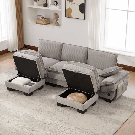Sofá modular de 3 lugares - assento largo, design ergonómico, espuma de alta densidade, porta USB-C e bolsos laterais - cinzento claro