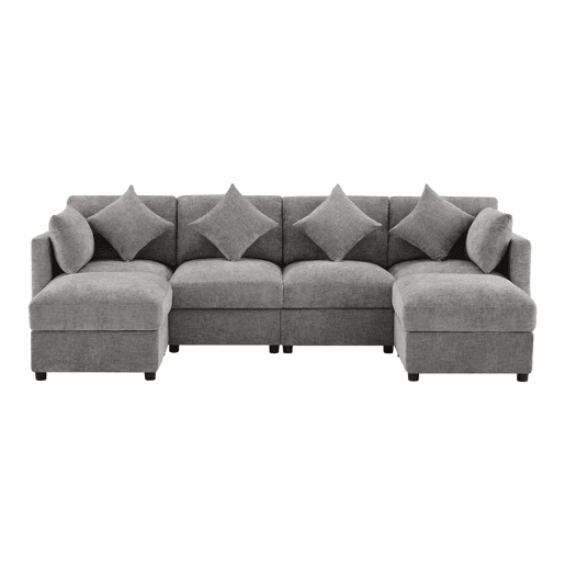 Sofá modular em UL com 6 lugares - chaise longue convertível com braços ajustáveis, 2 pufes, 4 almofadas decorativas e 2 apoios de cabeça - Cinza Sofá modular em UL com 6 lugares - chaise longue convertível com braços ajustáveis, 2 pufes, 4 almofadas decorativas e 2 apoios de cabeça - Cinza