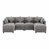 Sofá modular em UL com 6 lugares - chaise longue convertível com braços ajustáveis, 2 pufes, 4 almofadas decorativas e 2 apoios de cabeça - Cinza