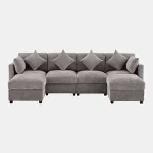 Sofá modular em UL com 6 lugares - chaise longue convertível com braços ajustáveis, 2 pufes, 4 almofadas decorativas e 2 apoios de cabeça - Cinza