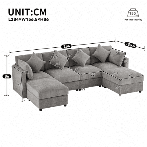Sofá modular em UL com 6 lugares - chaise longue convertível com braços ajustáveis, 2 pufes, 4 almofadas decorativas e 2 apoios de cabeça - Cinza Sofá modular em UL com 6 lugares - chaise longue convertível com braços ajustáveis, 2 pufes, 4 almofadas decorativas e 2 apoios de cabeça - Cinza