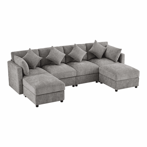 Sofá modular em UL com 6 lugares - chaise longue convertível com braços ajustáveis, 2 pufes, 4 almofadas decorativas e 2 apoios de cabeça - Cinza Sofá modular em UL com 6 lugares - chaise longue convertível com braços ajustáveis, 2 pufes, 4 almofadas decorativas e 2 apoios de cabeça - Cinza