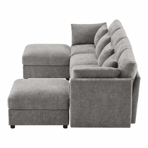 Sofá modular em UL com 6 lugares - chaise longue convertível com braços ajustáveis, 2 pufes, 4 almofadas decorativas e 2 apoios de cabeça - Cinza Sofá modular em UL com 6 lugares - chaise longue convertível com braços ajustáveis, 2 pufes, 4 almofadas decorativas e 2 apoios de cabeça - Cinza