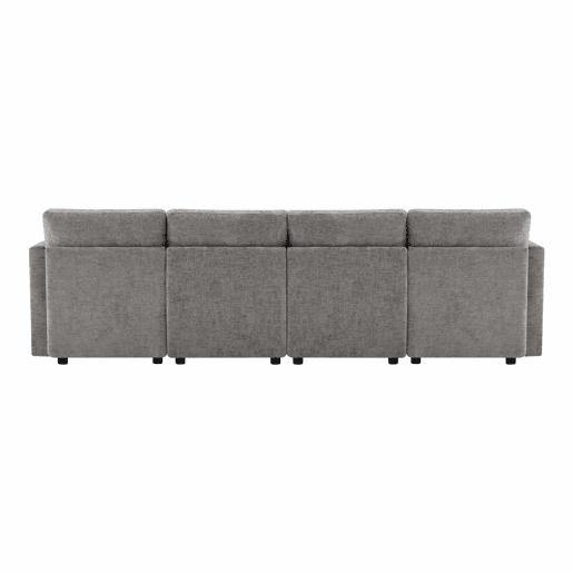 Sofá modular em UL com 6 lugares - chaise longue convertível com braços ajustáveis, 2 pufes, 4 almofadas decorativas e 2 apoios de cabeça - Cinza Sofá modular em UL com 6 lugares - chaise longue convertível com braços ajustáveis, 2 pufes, 4 almofadas decorativas e 2 apoios de cabeça - Cinza