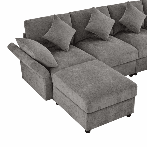 Sofá modular em UL com 6 lugares - chaise longue convertível com braços ajustáveis, 2 pufes, 4 almofadas decorativas e 2 apoios de cabeça - Cinza Sofá modular em UL com 6 lugares - chaise longue convertível com braços ajustáveis, 2 pufes, 4 almofadas decorativas e 2 apoios de cabeça - Cinza