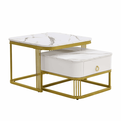 Mesa de centro empilhável - Conjunto de 2 peças - Efeito mármore brilhante, detalhes dourados, com gavetas - Branco