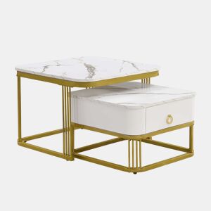 Mesa de centro empilhável - Conjunto de 2 peças - Efeito mármore brilhante, detalhes dourados, com gavetas - Branco