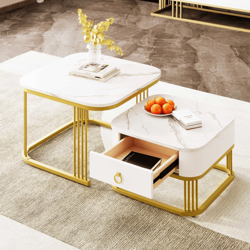 Mesa de centro empilhável - Conjunto de 2 peças - Efeito mármore brilhante, detalhes dourados, com gavetas - Branco