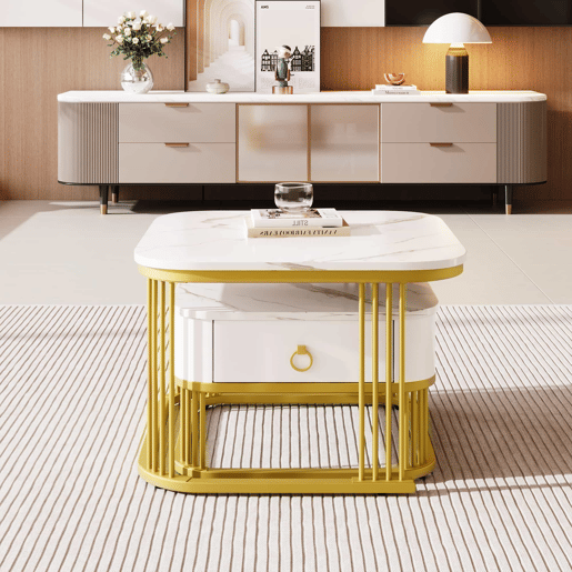 Mesa de centro empilhável - Conjunto de 2 peças - Efeito mármore brilhante, detalhes dourados, com gavetas - Branco