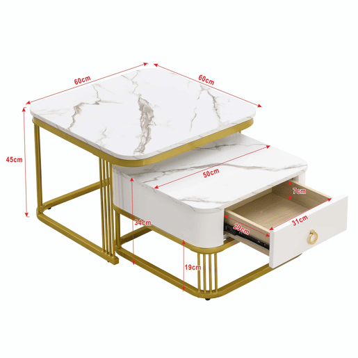 Mesa de centro empilhável - Conjunto de 2 peças - Efeito mármore brilhante, detalhes dourados, com gavetas - Branco