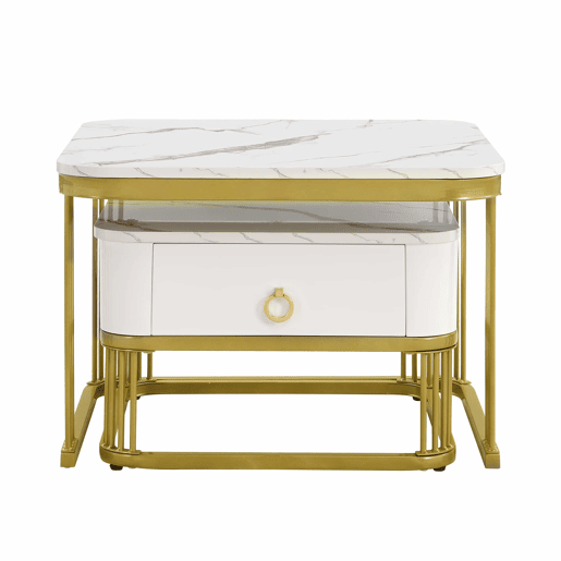 Mesa de centro empilhável - Conjunto de 2 peças - Efeito mármore brilhante, detalhes dourados, com gavetas - Branco