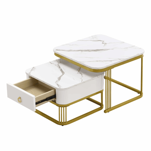 Mesa de centro empilhável - Conjunto de 2 peças - Efeito mármore brilhante, detalhes dourados, com gavetas - Branco