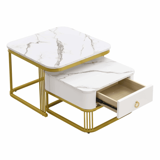 Mesa de centro empilhável - Conjunto de 2 peças - Efeito mármore brilhante, detalhes dourados, com gavetas - Branco
