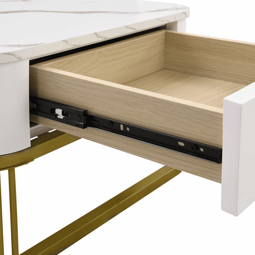 Mesa de centro empilhável - Conjunto de 2 peças - Efeito mármore brilhante, detalhes dourados, com gavetas - Branco