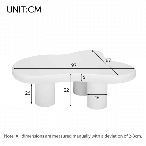 Mesa de centro irregular em forma de nuvem 97x67x32cm - MDF com almofadas de feltro, superfície lacada - Creativa