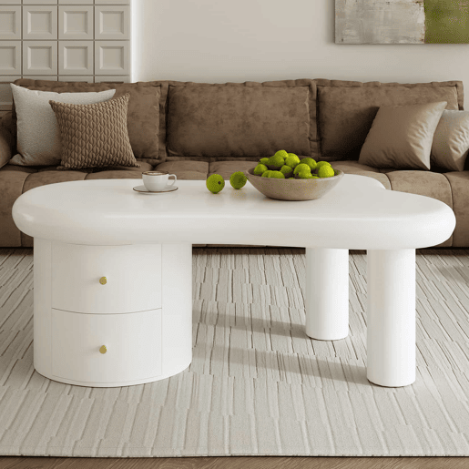 Mesa de centro moderna - Forma irregular - 2 gavetas, economia de espaço, estilo, estável - Branco