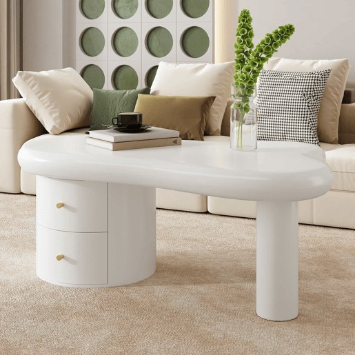 Mesa de centro moderna - Forma irregular - 2 gavetas, economia de espaço, estilo, estável - Branco