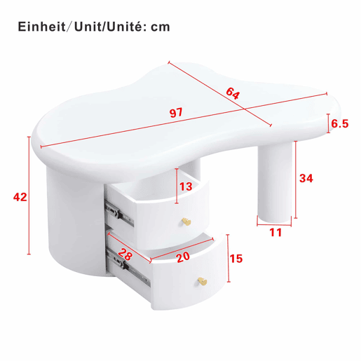 Mesa de centro moderna - Forma irregular - 2 gavetas, economia de espaço, estilo, estável - Branco