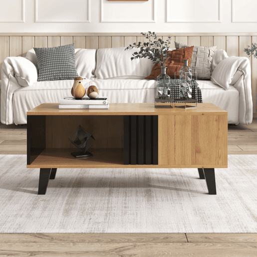 Mesa de centro 100 x 60 x 45 cm - Design em madeira colorida e preta, mesa de sala com gavetas - Natural