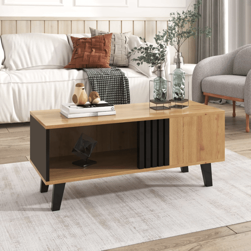 Mesa de centro 100 x 60 x 45 cm - Design em madeira colorida e preta, mesa de sala com gavetas - Natural
