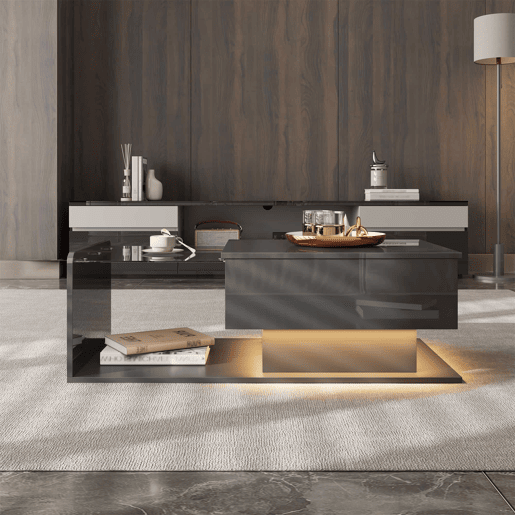 Mesa de café - Alta brilho, mesa auxiliar, mesa de café com vidro e efeito LED - Preto