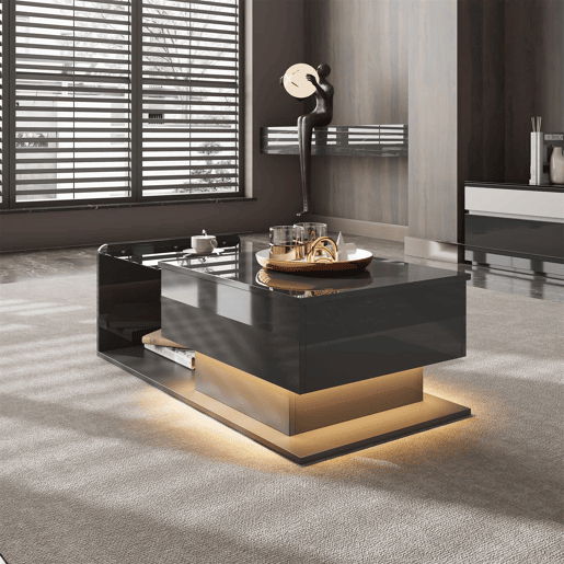 Mesa de café - Alta brilho, mesa auxiliar, mesa de café com vidro e efeito LED - Preto