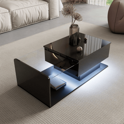 Mesa de café - Alta brilho, mesa auxiliar, mesa de café com vidro e efeito LED - Preto