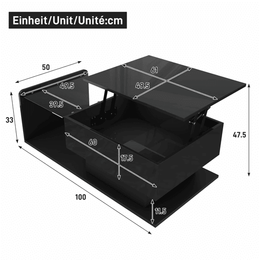 Mesa de café - Alta brilho, mesa auxiliar, mesa de café com vidro e efeito LED - Preto