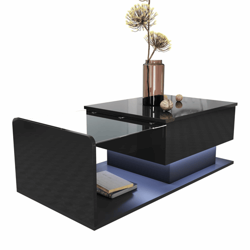 Mesa de café - Alta brilho, mesa auxiliar, mesa de café com vidro e efeito LED - Preto