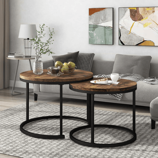 Conjunto de 2 mesas de centro de encaixe - estilo industrial - aspeto de mármore - Castanho escuro