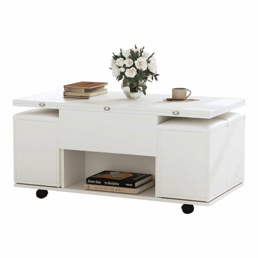 Mesa de centro multifuncional elevável - 2 mesas extensíveis, grande capacidade, moderna, para sala de estar, escritório, sala de jantar, mesa de lazer - Branco + Branco