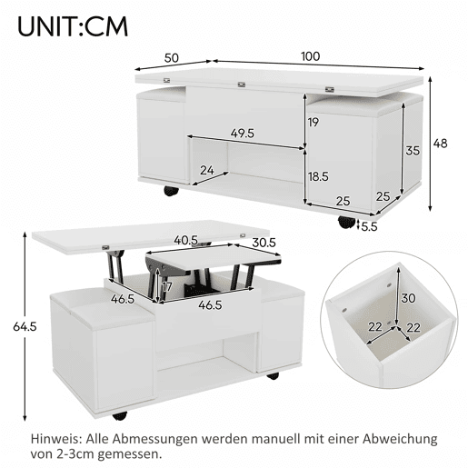 Mesa de centro multifuncional elevável - 2 mesas extensíveis, grande capacidade, moderna, para sala de estar, escritório, sala de jantar, mesa de lazer - Branco + Branco