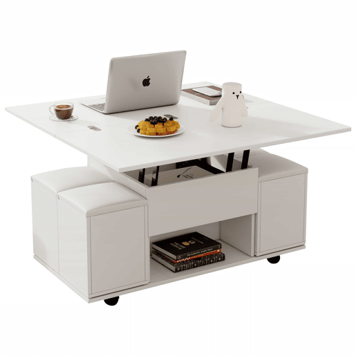 Mesa de centro multifuncional elevável - 2 mesas extensíveis, grande capacidade, moderna, para sala de estar, escritório, sala de jantar, mesa de lazer - Branco + Branco