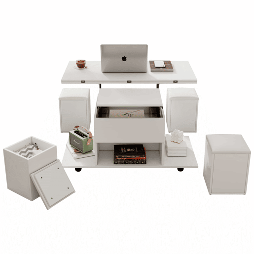 Mesa de centro multifuncional elevável - 2 mesas extensíveis, grande capacidade, moderna, para sala de estar, escritório, sala de jantar, mesa de lazer - Branco + Branco