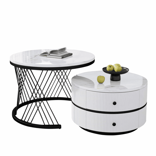 Conjunto de mesas de centro empilháveis 60x60x46cm e 50x50x31cm - Tampos redondos com acabamento efeito mármore, 2 gavetas - Branco