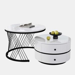 Conjunto de mesas de centro empilháveis 60x60x46cm e 50x50x31cm - Tampos redondos com acabamento efeito mármore, 2 gavetas - Branco