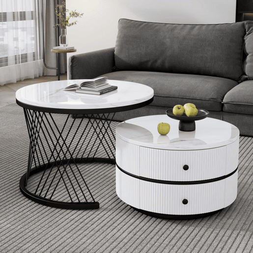 Conjunto de mesas de centro empilháveis 60x60x46cm e 50x50x31cm - Tampos redondos com acabamento efeito mármore, 2 gavetas - Branco