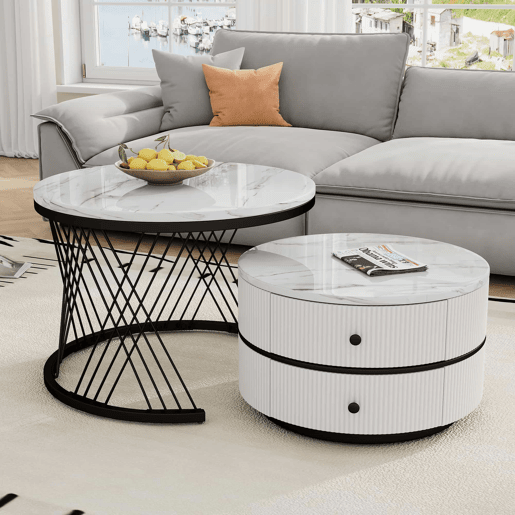 Conjunto de mesas de centro empilháveis 60x60x46cm e 50x50x31cm - Tampos redondos com acabamento efeito mármore, 2 gavetas - Branco