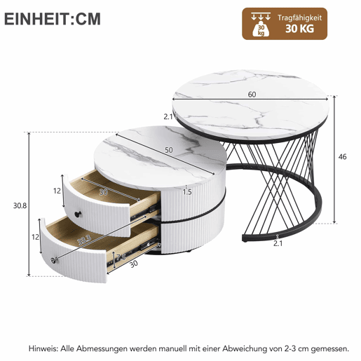 Conjunto de mesas de centro empilháveis 60x60x46cm e 50x50x31cm - Tampos redondos com acabamento efeito mármore, 2 gavetas - Branco