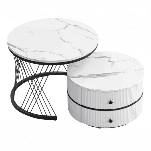 Conjunto de mesas de centro empilháveis 60x60x46cm e 50x50x31cm - Tampos redondos com acabamento efeito mármore, 2 gavetas - Branco