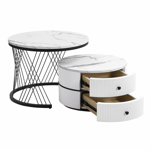 Conjunto de mesas de centro empilháveis 60x60x46cm e 50x50x31cm - Tampos redondos com acabamento efeito mármore, 2 gavetas - Branco