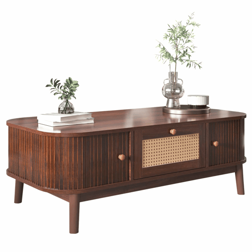 Mesa de centro - Rattan, com gavetas e portas deslizantes em madeira maciça, pernas em madeira maciça, estilo rústico natural