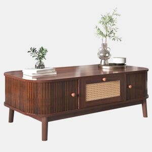Mesa de centro - Rattan, com gavetas e portas deslizantes em madeira maciça, pernas em madeira maciça, estilo rústico natural